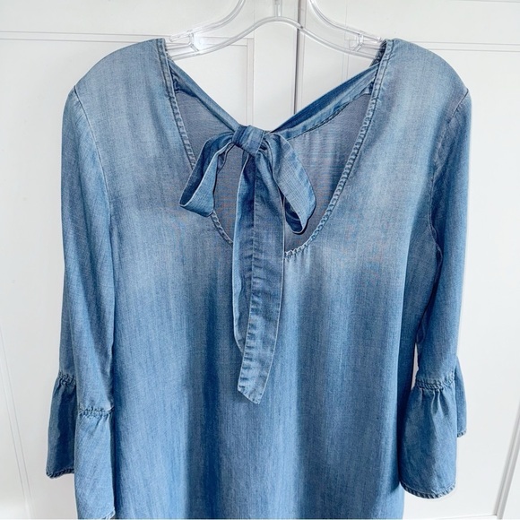 Anthropologie Cloth & Stone Blue Chambray Dress Tie Back Bell Sleeve Sz Small - Picture 7 of 10
